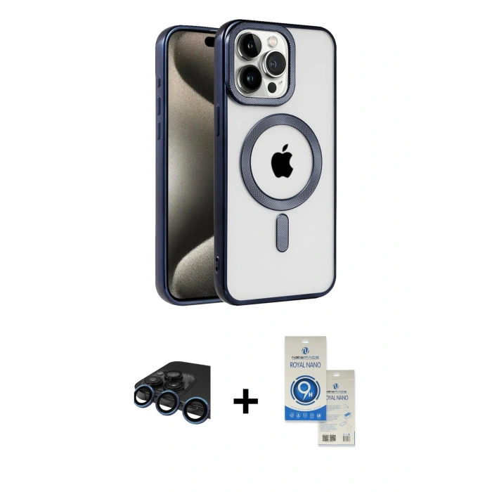 MARSİLYAN™- iPhone 15 Pro Kılıf Eksen Form Koleksiyonu - Şeffaf Royal Nano Ekran Koruyucu + Raze Metal Kamera Lens - LT