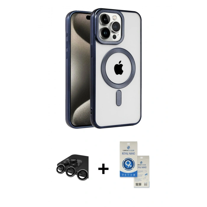 MARSİLYAN™- iPhone 15 Pro Kılıf Eksen Form Koleksiyonu - Şeffaf Royal Nano Ekran Koruyucu + Raze Metal Kamera Lens - TMGI