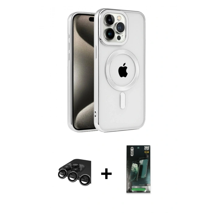 MARSİLYAN™- iPhone 15 Pro Kılıf Eksen Form Koleksiyonu - Siyah 360 Mat Full Body Arka Koruyucu + Raze Metal Kamera Lens - TMGI