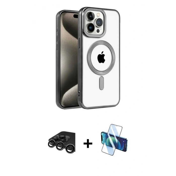 MARSİLYAN™- iPhone 15 Pro Kılıf Eksen Form Koleksiyonu - Siyah 3D Antistatik Cam Ekran Koruyucu + Raze Metal Kamera Lens - TMGI