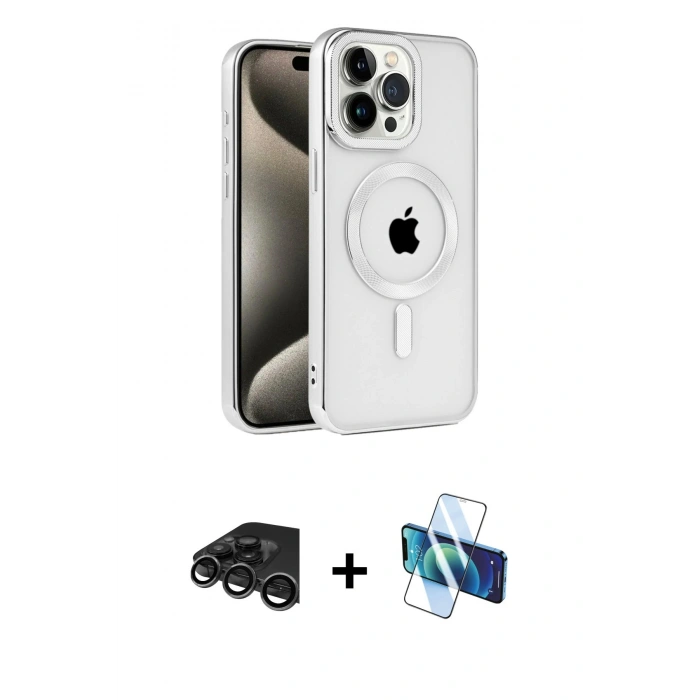 MARSİLYAN™- iPhone 15 Pro Kılıf Eksen Form Koleksiyonu - Siyah 3D Antistatik Cam Ekran Koruyucu + Raze Metal Kamera Lens - TMGI