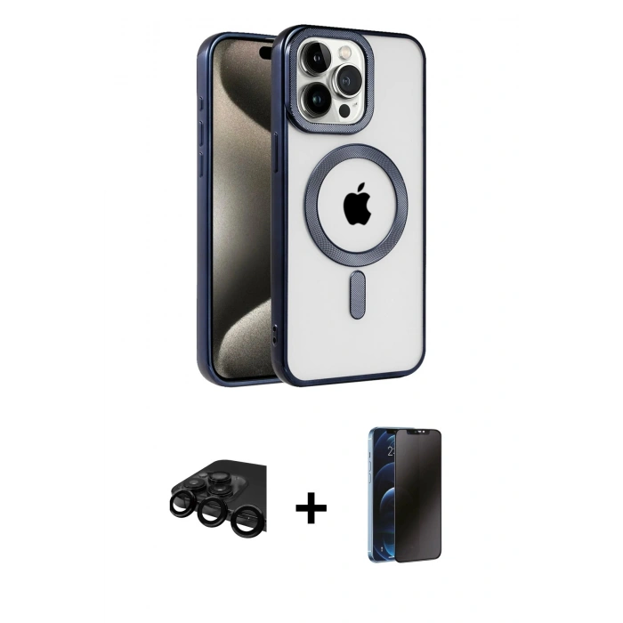 MARSİLYAN™- iPhone 15 Pro Kılıf Eksen Form Koleksiyonu - Siyah 3D Antistatik Hayalet Cam Ekran Koruyucu + Raze Metal Kamera Lens - SH