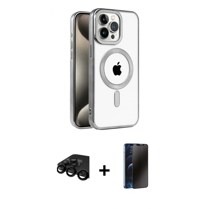 MARSİLYAN™- iPhone 15 Pro Kılıf Eksen Form Koleksiyonu - Siyah 3D Antistatik Hayalet Cam Ekran Koruyucu + Raze Metal Kamera Lens - SH