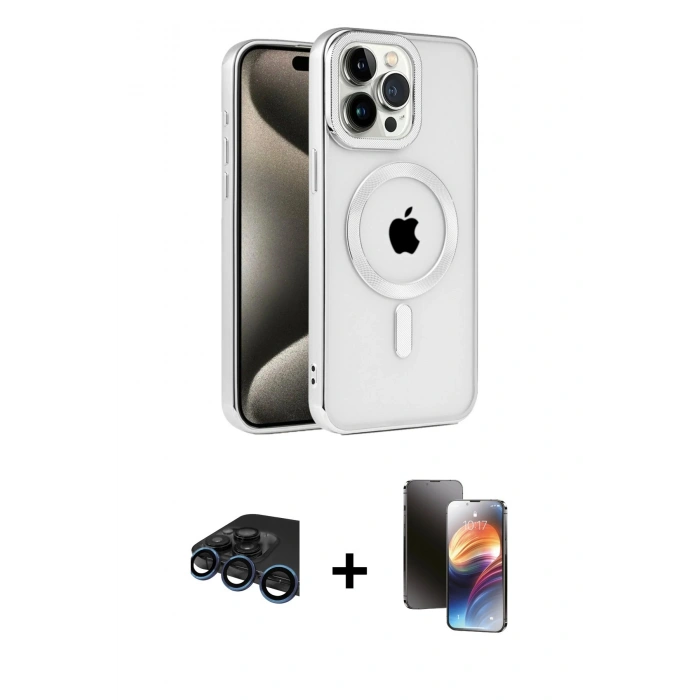 MARSİLYAN™- iPhone 15 Pro Kılıf Eksen Form Koleksiyonu - Siyah 3D Antistatik Mat Seramik Nano Ekran Koruyucu + Raze Metal Kamera Lens - LT