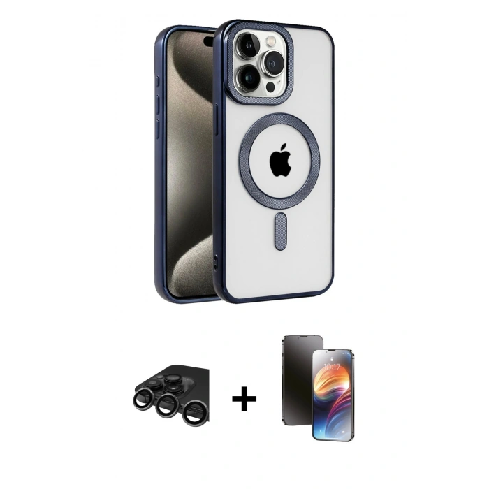 MARSİLYAN™- iPhone 15 Pro Kılıf Eksen Form Koleksiyonu - Siyah 3D Antistatik Mat Seramik Nano Ekran Koruyucu + Raze Metal Kamera Lens - TMGI