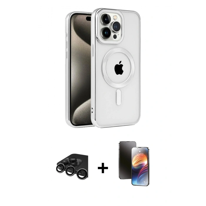 MARSİLYAN™- iPhone 15 Pro Kılıf Eksen Form Koleksiyonu - Siyah 3D Antistatik Mat Seramik Nano Ekran Koruyucu + Raze Metal Kamera Lens - TMGI
