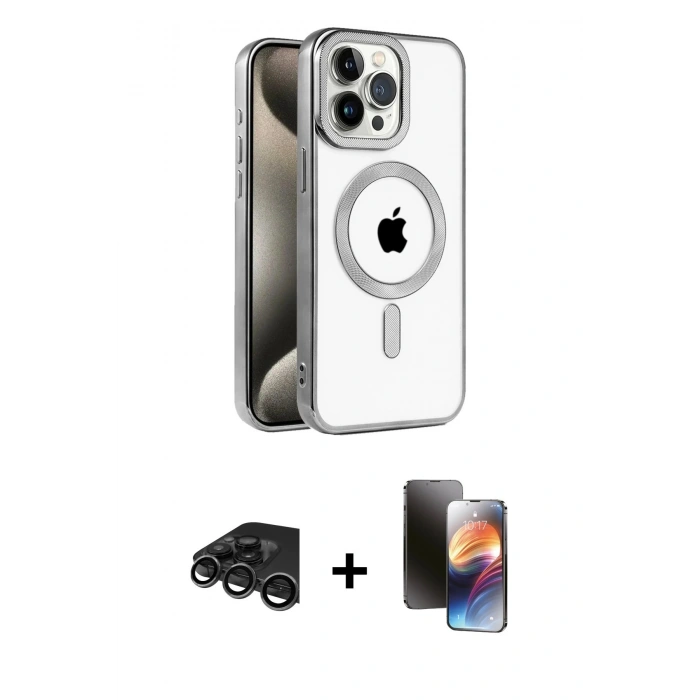 MARSİLYAN™- iPhone 15 Pro Kılıf Eksen Form Koleksiyonu - Siyah 3D Antistatik Mat Seramik Nano Ekran Koruyucu + Raze Metal Kamera Lens - TMGI