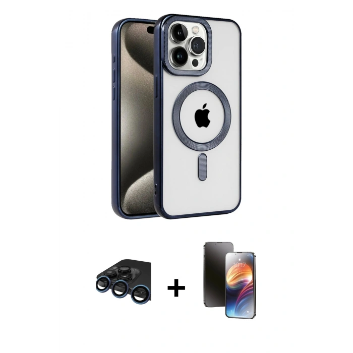 MARSİLYAN™- iPhone 15 Pro Kılıf Eksen Form Koleksiyonu - Siyah 3D Antistatik Mat Seramik Nano Ekran Koruyucu + Raze Metal Kamera Lens - LT