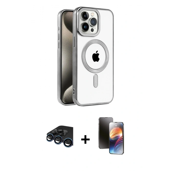 MARSİLYAN™- iPhone 15 Pro Kılıf Eksen Form Koleksiyonu - Siyah 3D Antistatik Mat Seramik Nano Ekran Koruyucu + Raze Metal Kamera Lens - LT