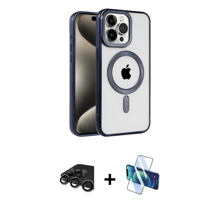 MARSİLYAN™- iPhone 15 Pro Kılıf Eksen Form Koleksiyonu - Siyah 3D Antistatik Seramik Nano Ekran Koruyucu + Raze Metal Kamera Lens - TMGI