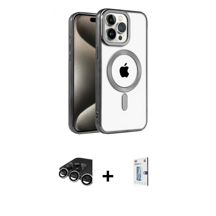 MARSİLYAN™- iPhone 15 Pro Kılıf Eksen Form Koleksiyonu - Siyah Bilvis 0.18mm Plus Cam Ekran Koruyucu + Gümüş Raze Metal Kamera Lens