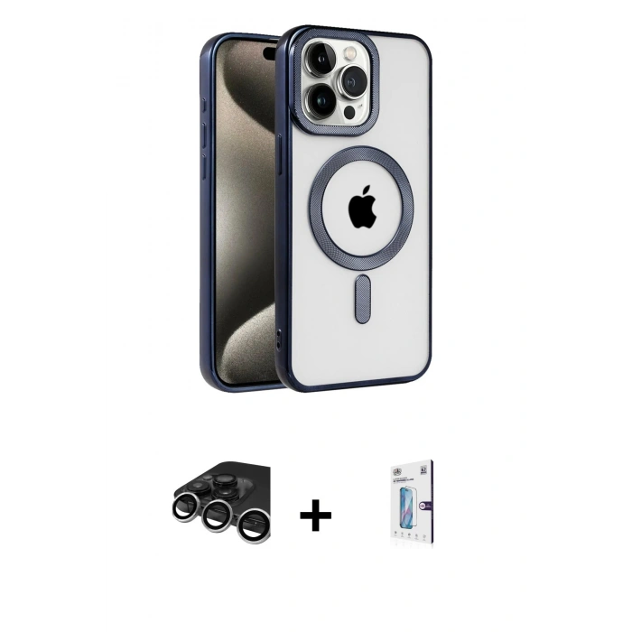 MARSİLYAN™- iPhone 15 Pro Kılıf Eksen Form Koleksiyonu - Siyah Bilvis 0.18mm Plus Cam Ekran Koruyucu + Gümüş Raze Metal Kamera Lens