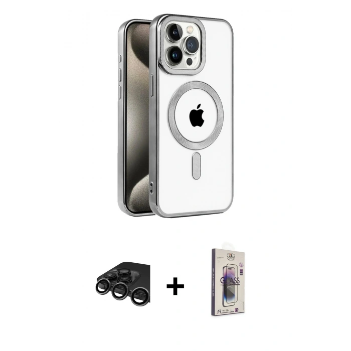 MARSİLYAN™- iPhone 15 Pro Kılıf Eksen Form Koleksiyonu - Siyah Bilvis 3D Cam Ekran Koruyucu + Titanyum Gri Raze Metal Kamera Lens