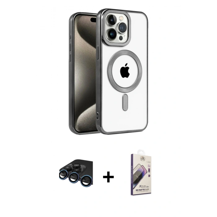 MARSİLYAN™- iPhone 15 Pro Kılıf Eksen Form Koleksiyonu - Siyah Bilvis 3D Mat Cam Ekran Koruyucu + Lacivert Raze Metal Kamera Lens