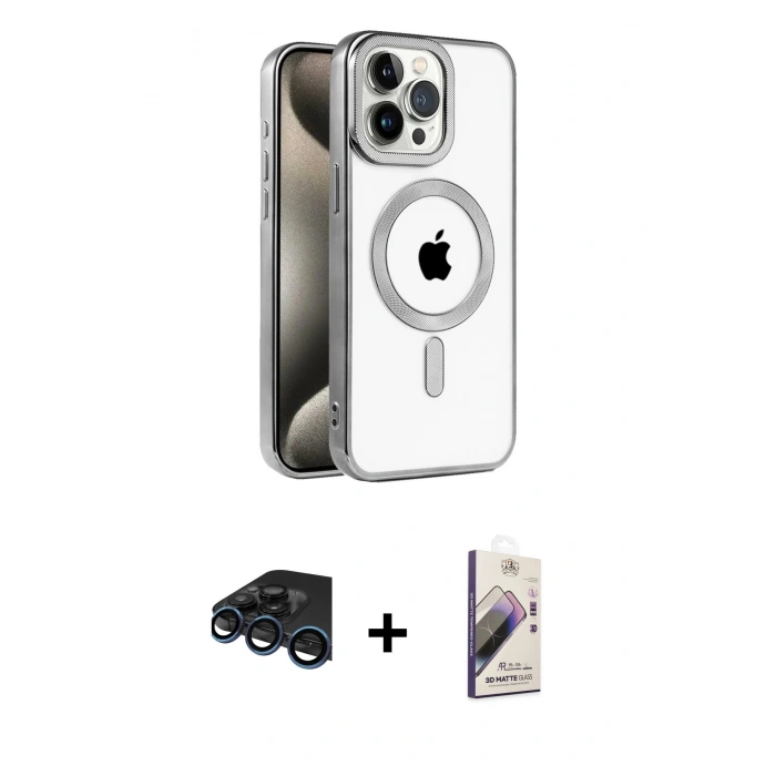 MARSİLYAN™- iPhone 15 Pro Kılıf Eksen Form Koleksiyonu - Siyah Bilvis 3D Mat Cam Ekran Koruyucu + Lacivert Raze Metal Kamera Lens