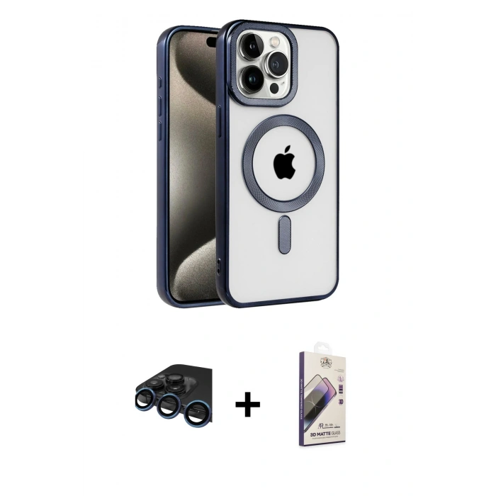 MARSİLYAN™- iPhone 15 Pro Kılıf Eksen Form Koleksiyonu - Siyah Bilvis 3D Mat Cam Ekran Koruyucu + Lacivert Raze Metal Kamera Lens