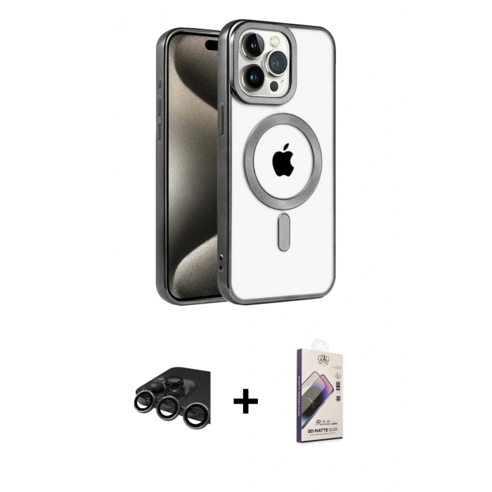 MARSİLYAN™- iPhone 15 Pro Kılıf Eksen Form Koleksiyonu - Siyah Bilvis 3D Mat Cam Ekran Koruyucu + Raze Metal Kamera Lens - TMGI