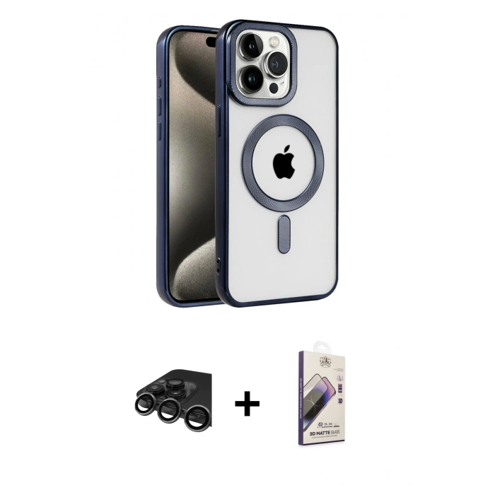 MARSİLYAN™- iPhone 15 Pro Kılıf Eksen Form Koleksiyonu - Siyah Bilvis 3D Mat Cam Ekran Koruyucu + Raze Metal Kamera Lens - TMGI