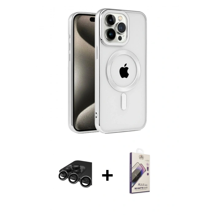 MARSİLYAN™- iPhone 15 Pro Kılıf Eksen Form Koleksiyonu - Siyah Bilvis 3D Mat Cam Ekran Koruyucu + Raze Metal Kamera Lens - TMGI
