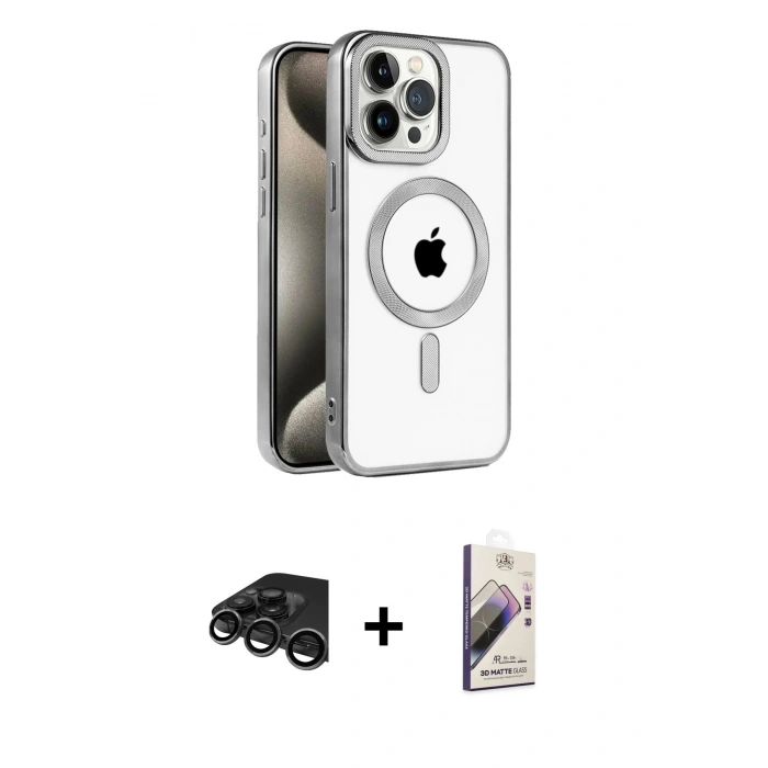 MARSİLYAN™- iPhone 15 Pro Kılıf Eksen Form Koleksiyonu - Siyah Bilvis 3D Mat Cam Ekran Koruyucu + Raze Metal Kamera Lens - TMGI