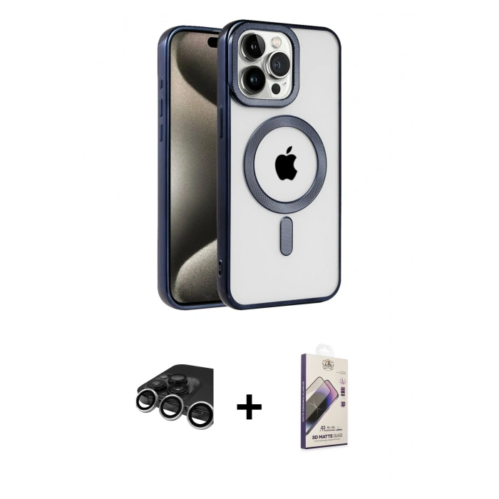 MARSİLYAN™- iPhone 15 Pro Kılıf Eksen Form Koleksiyonu - Siyah Bilvis 3D Mat Cam Ekran Koruyucu + Raze Metal Kamera Lens - GS