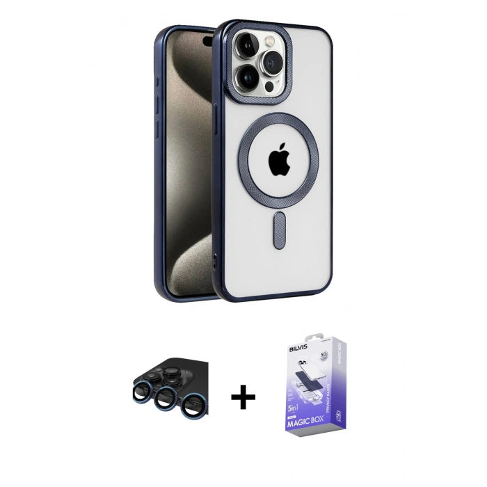 MARSİLYAN™- iPhone 15 Pro Kılıf Eksen Form Koleksiyonu - Siyah Bilvis 5in1 5D Magic Hayalet Cam Ekran Koruyucu + Lacivert Raze Metal Kamera Lens