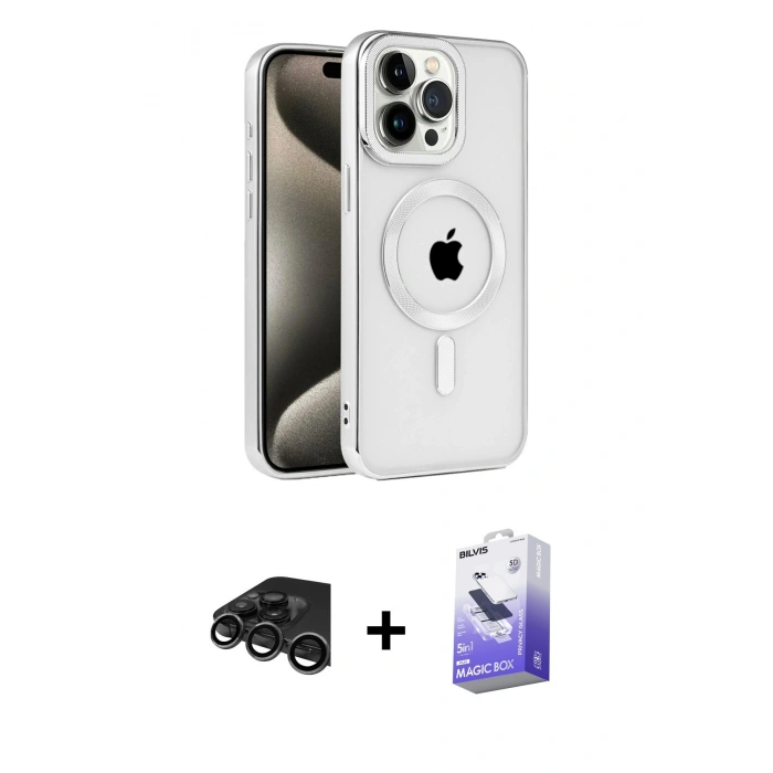 MARSİLYAN™- iPhone 15 Pro Kılıf Eksen Form Koleksiyonu - Siyah Bilvis 5in1 5D Magic Hayalet Cam Ekran Koruyucu + Raze Metal Kamera Lens - TMGI