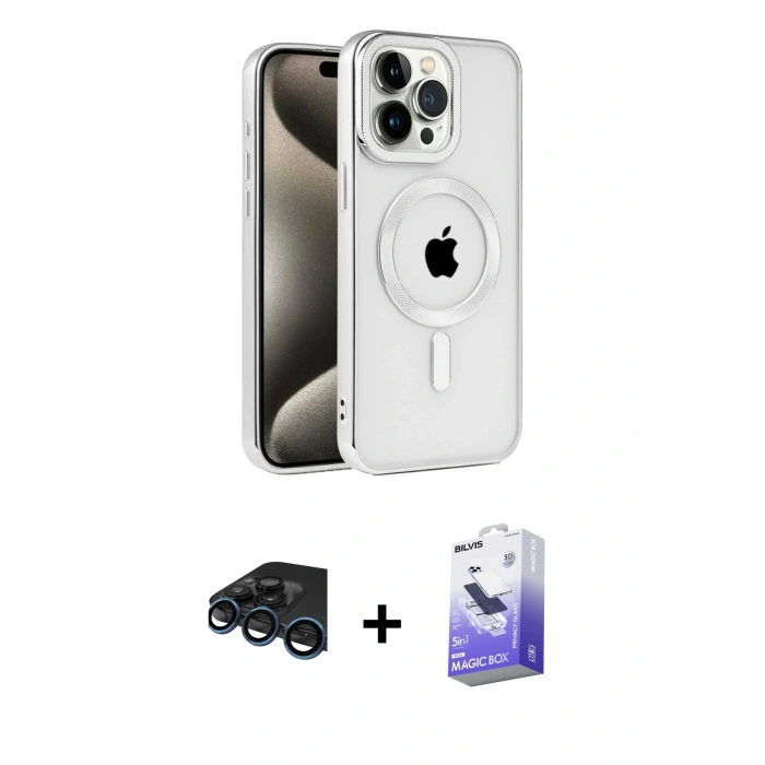 MARSİLYAN™- iPhone 15 Pro Kılıf Eksen Form Koleksiyonu - Siyah Bilvis 5in1 5D Magic Hayalet Cam Ekran Koruyucu + Lacivert Raze Metal Kamera Lens
