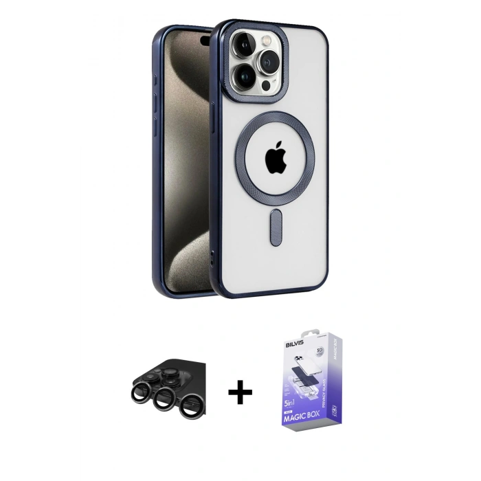 MARSİLYAN™- iPhone 15 Pro Kılıf Eksen Form Koleksiyonu - Siyah Bilvis 5in1 5D Magic Hayalet Cam Ekran Koruyucu + Raze Metal Kamera Lens - TMGI