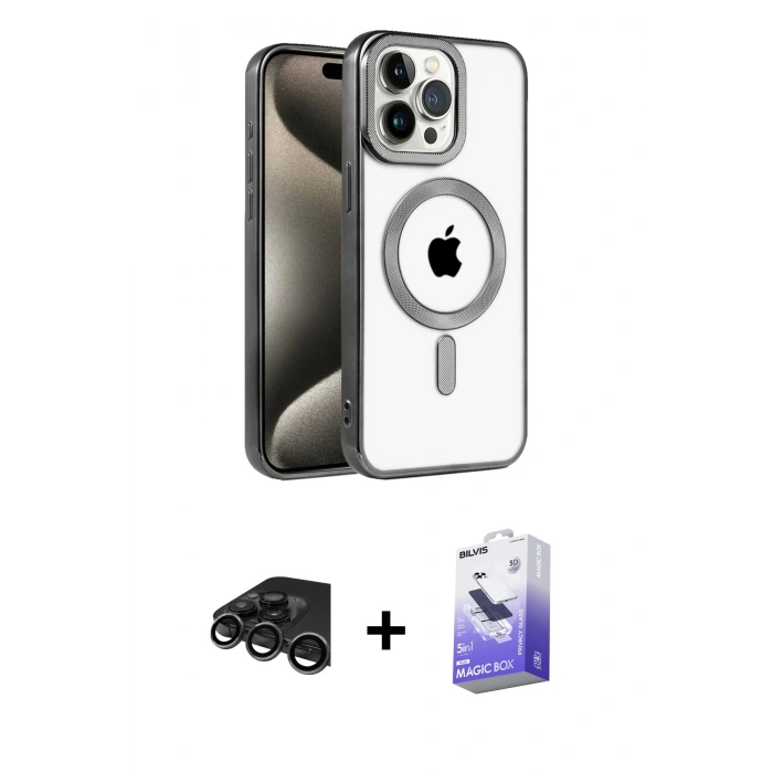 MARSİLYAN™- iPhone 15 Pro Kılıf Eksen Form Koleksiyonu - Siyah Bilvis 5in1 5D Magic Hayalet Cam Ekran Koruyucu + Raze Metal Kamera Lens - TMGI