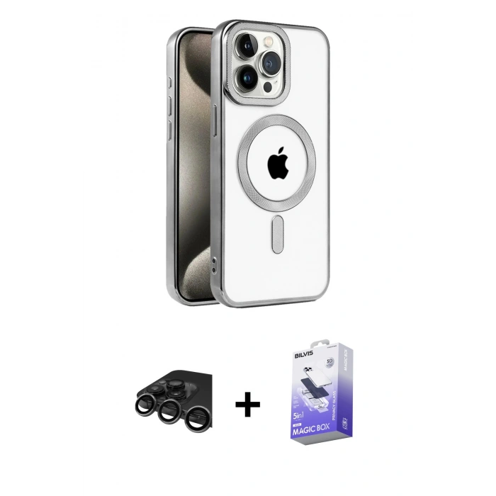 MARSİLYAN™- iPhone 15 Pro Kılıf Eksen Form Koleksiyonu - Siyah Bilvis 5in1 5D Magic Hayalet Cam Ekran Koruyucu + Raze Metal Kamera Lens - TMGI