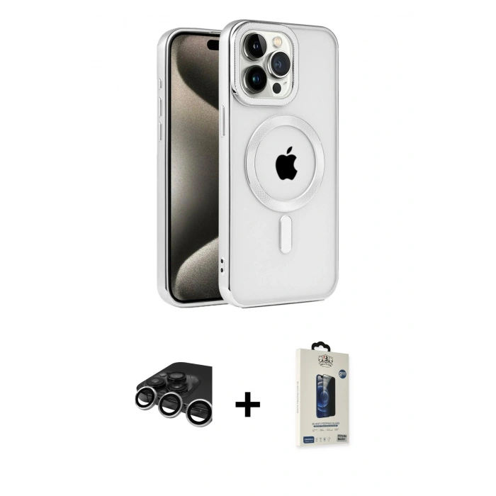 MARSİLYAN™- iPhone 15 Pro Kılıf Eksen Form Koleksiyonu - Siyah Bilvis Hayalet Cam Ekran Koruyucu + Raze Metal Kamera Lens - GS