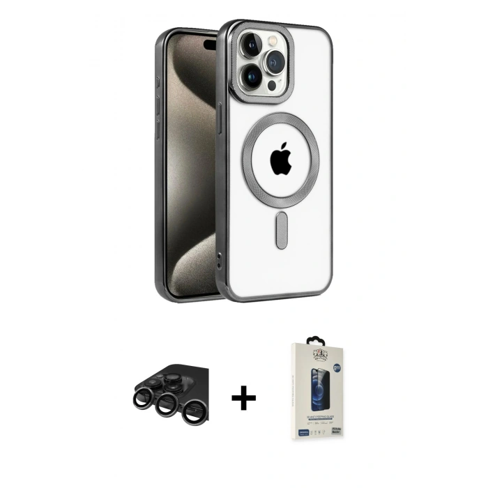 MARSİLYAN™- iPhone 15 Pro Kılıf Eksen Form Koleksiyonu - Siyah Bilvis Hayalet Cam Ekran Koruyucu + Raze Metal Kamera Lens - TMGI