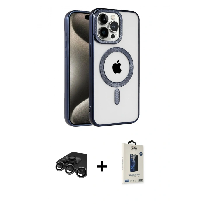 MARSİLYAN™- iPhone 15 Pro Kılıf Eksen Form Koleksiyonu - Siyah Bilvis Hayalet Cam Ekran Koruyucu + Raze Metal Kamera Lens - TMGI