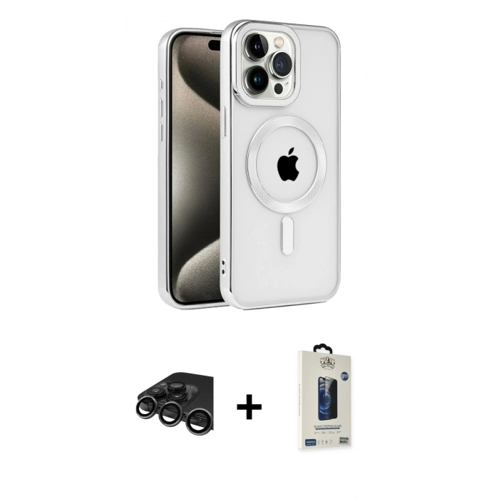 MARSİLYAN™- iPhone 15 Pro Kılıf Eksen Form Koleksiyonu - Siyah Bilvis Hayalet Cam Ekran Koruyucu + Raze Metal Kamera Lens - TMGI