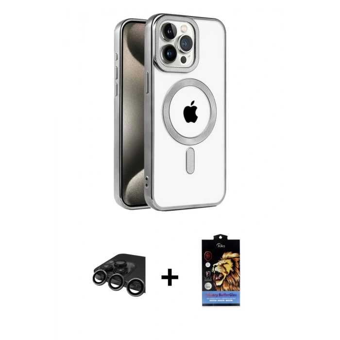 MARSİLYAN™- iPhone 15 Pro Kılıf Eksen Form Koleksiyonu - Siyah Buffer Hayalet Cam Ekran Koruyucu + Raze Metal Kamera Lens - TMGI