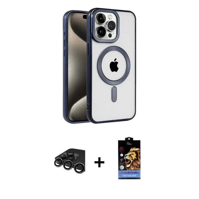 MARSİLYAN™- iPhone 15 Pro Kılıf Eksen Form Koleksiyonu - Siyah Buffer Hayalet Cam Ekran Koruyucu + Raze Metal Kamera Lens - TMGI