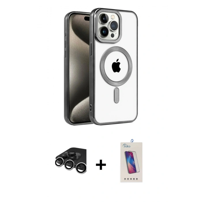MARSİLYAN™- iPhone 15 Pro Kılıf Eksen Form Koleksiyonu - Siyah Joko 5D Cam + Raze Metal Kamera Lens - GS