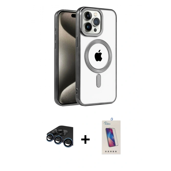 MARSİLYAN™- iPhone 15 Pro Kılıf Eksen Form Koleksiyonu - Siyah Joko 5D Cam + Raze Metal Kamera Lens - LT