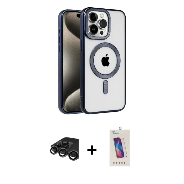 MARSİLYAN™- iPhone 15 Pro Kılıf Eksen Form Koleksiyonu - Siyah Joko 5D Cam + Raze Metal Kamera Lens - TMGI