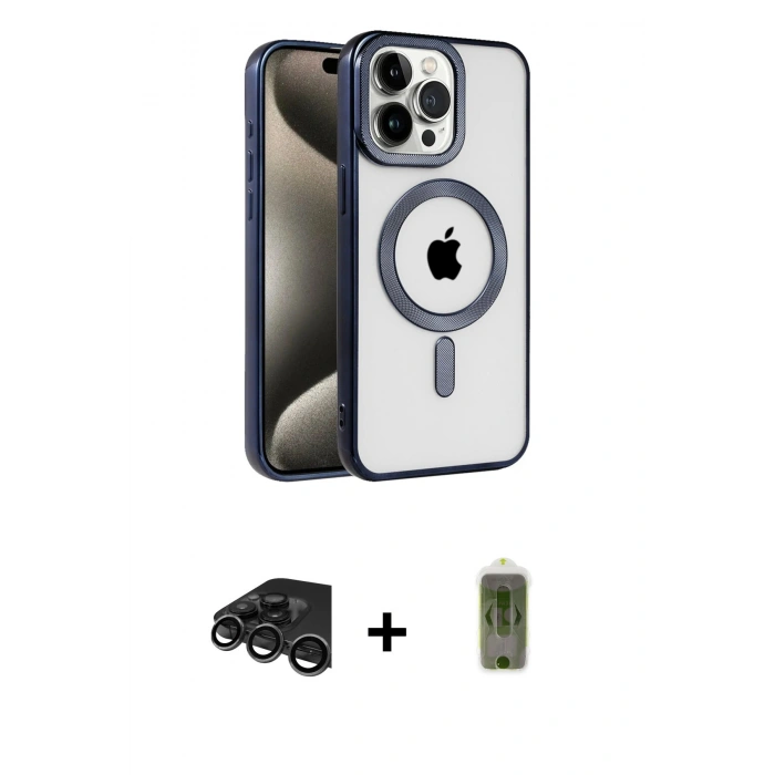 MARSİLYAN™- iPhone 15 Pro Kılıf Eksen Form Koleksiyonu - Siyah Joko Magic 5D Hayalet Cam + Raze Metal Kamera Lens - TMGI