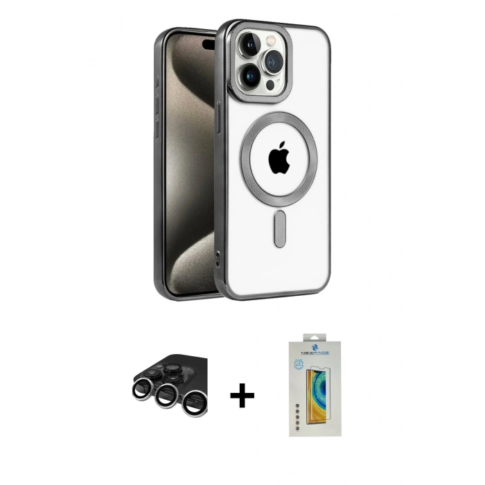 MARSİLYAN™- iPhone 15 Pro Kılıf Eksen Form Koleksiyonu - Siyah Polymer Nano Ekran Koruyucu + Gümüş Raze Metal Kamera Lens