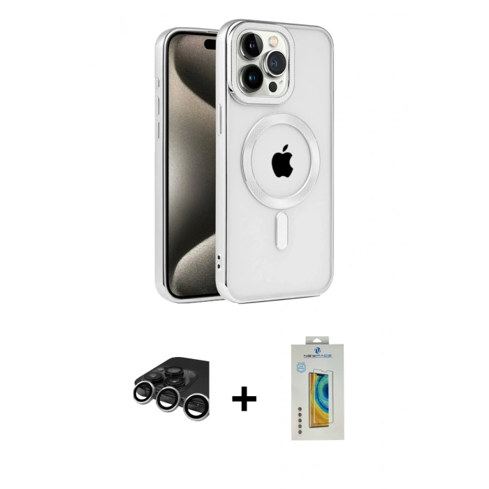 MARSİLYAN™- iPhone 15 Pro Kılıf Eksen Form Koleksiyonu - Siyah Polymer Nano Ekran Koruyucu + Gümüş Raze Metal Kamera Lens