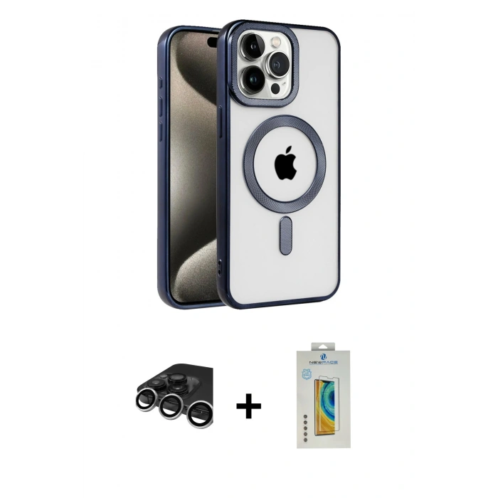 MARSİLYAN™- iPhone 15 Pro Kılıf Eksen Form Koleksiyonu - Siyah Polymer Nano Ekran Koruyucu + Gümüş Raze Metal Kamera Lens