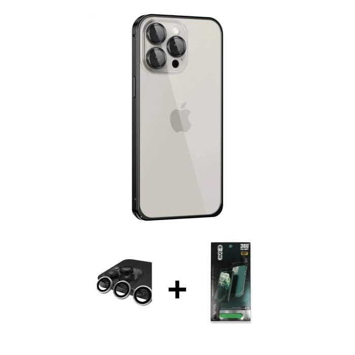 MARSİLYAN™- iPhone 15 Pro Kılıf Eksen Form Serisi - Şeffaf 360 Full Body Arka Koruyucu + Raze Metal Kamera Lens - GS