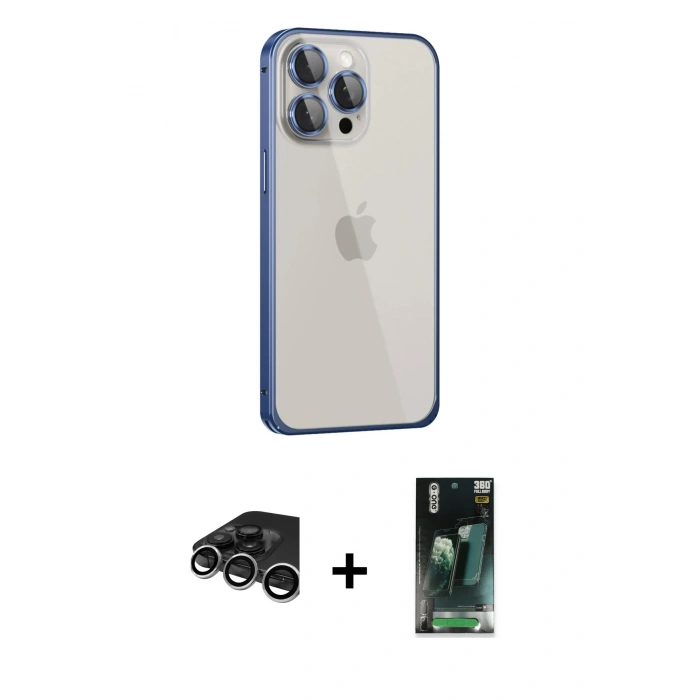 MARSİLYAN™- iPhone 15 Pro Kılıf Eksen Form Serisi - Şeffaf 360 Full Body Arka Koruyucu + Raze Metal Kamera Lens - GS