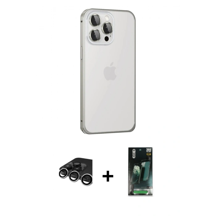MARSİLYAN™- iPhone 15 Pro Kılıf Eksen Form Serisi - Şeffaf 360 Full Body Arka Koruyucu + Raze Metal Kamera Lens - GS