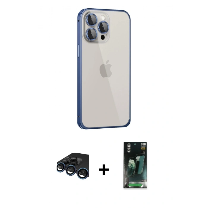 MARSİLYAN™- iPhone 15 Pro Kılıf Eksen Form Serisi - Şeffaf 360 Full Body Arka Koruyucu + Raze Metal Kamera Lens - LT