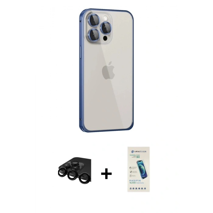 MARSİLYAN™- iPhone 15 Pro Kılıf Eksen Form Serisi - Şeffaf Pasifik Cam Ekran Koruyucu + Raze Metal Kamera Lens - SH
