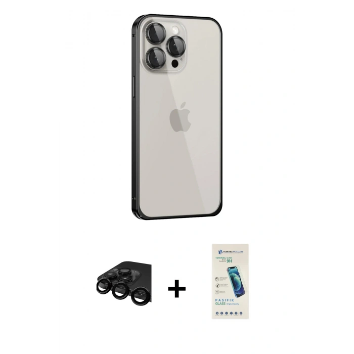MARSİLYAN™- iPhone 15 Pro Kılıf Eksen Form Serisi - Şeffaf Pasifik Cam Ekran Koruyucu + Raze Metal Kamera Lens - SH
